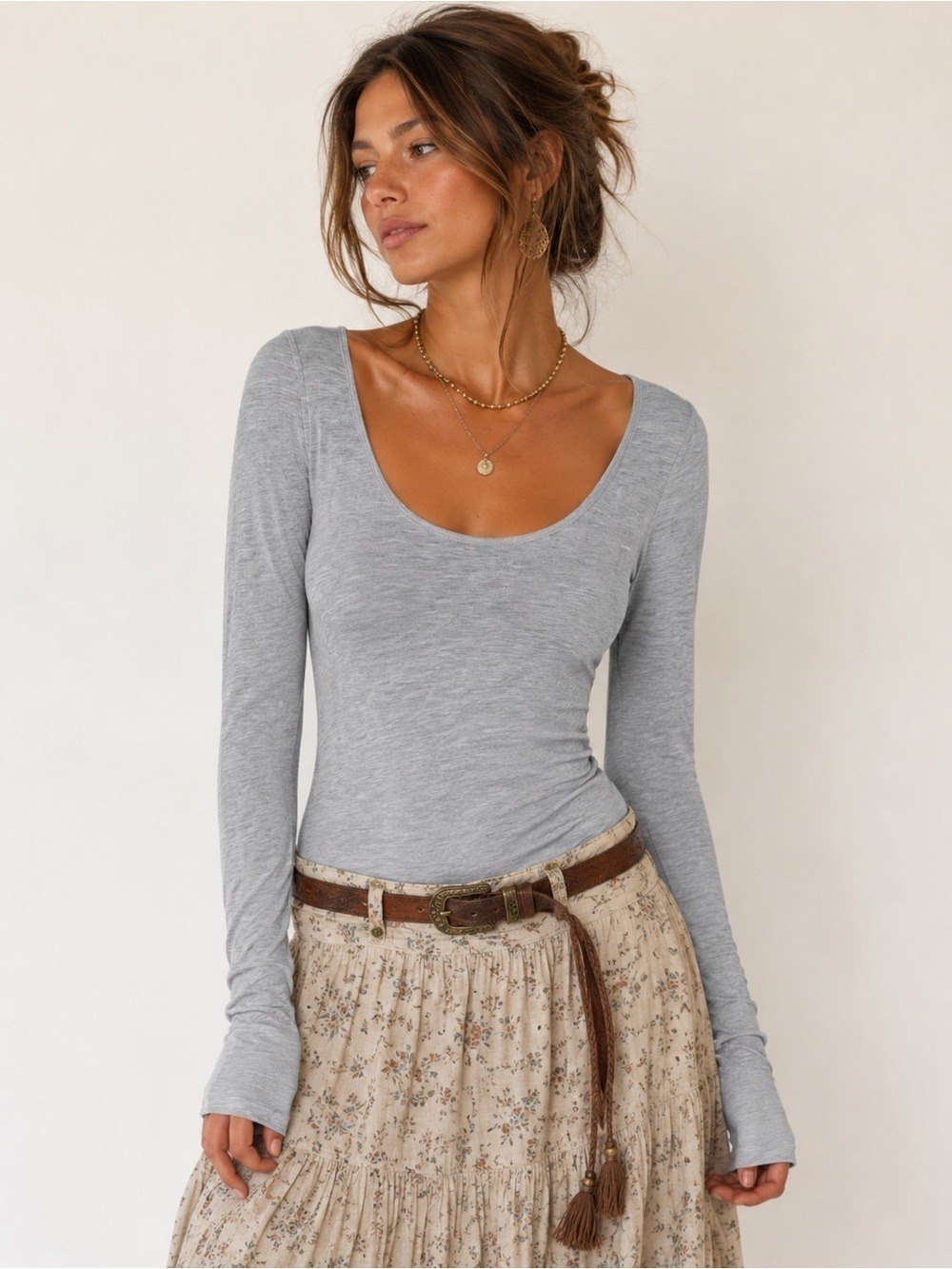 Free People Keep Away Bodysuit Heather Gray Long Sleeve Thumbhole XS/S